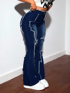 Women's Plus Size Jeans, High Waist Retro Deep Blue Frayed Edge Patchwork, Micro Flare Long Pants, Fashionable Streetwear, Slimming and Tummy Control
