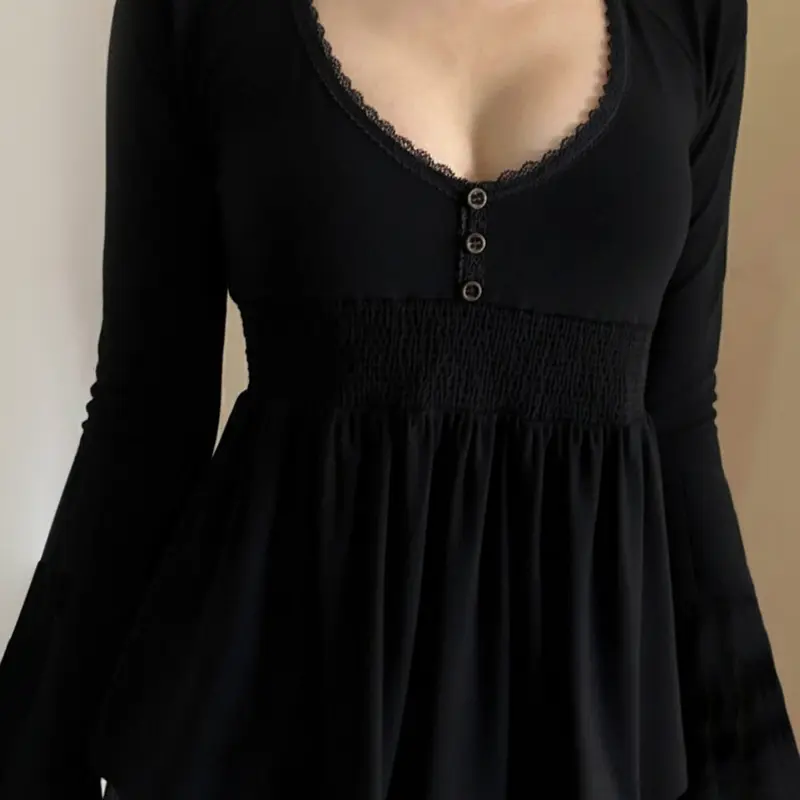 Lace Trim V Neck Flare Sleeve A-Line Top, Y2K Casual Everyday Tops Solid Color Long Sleeve Basic Fitted T-Shirt, Women's Fashion Clothing, Womenswear