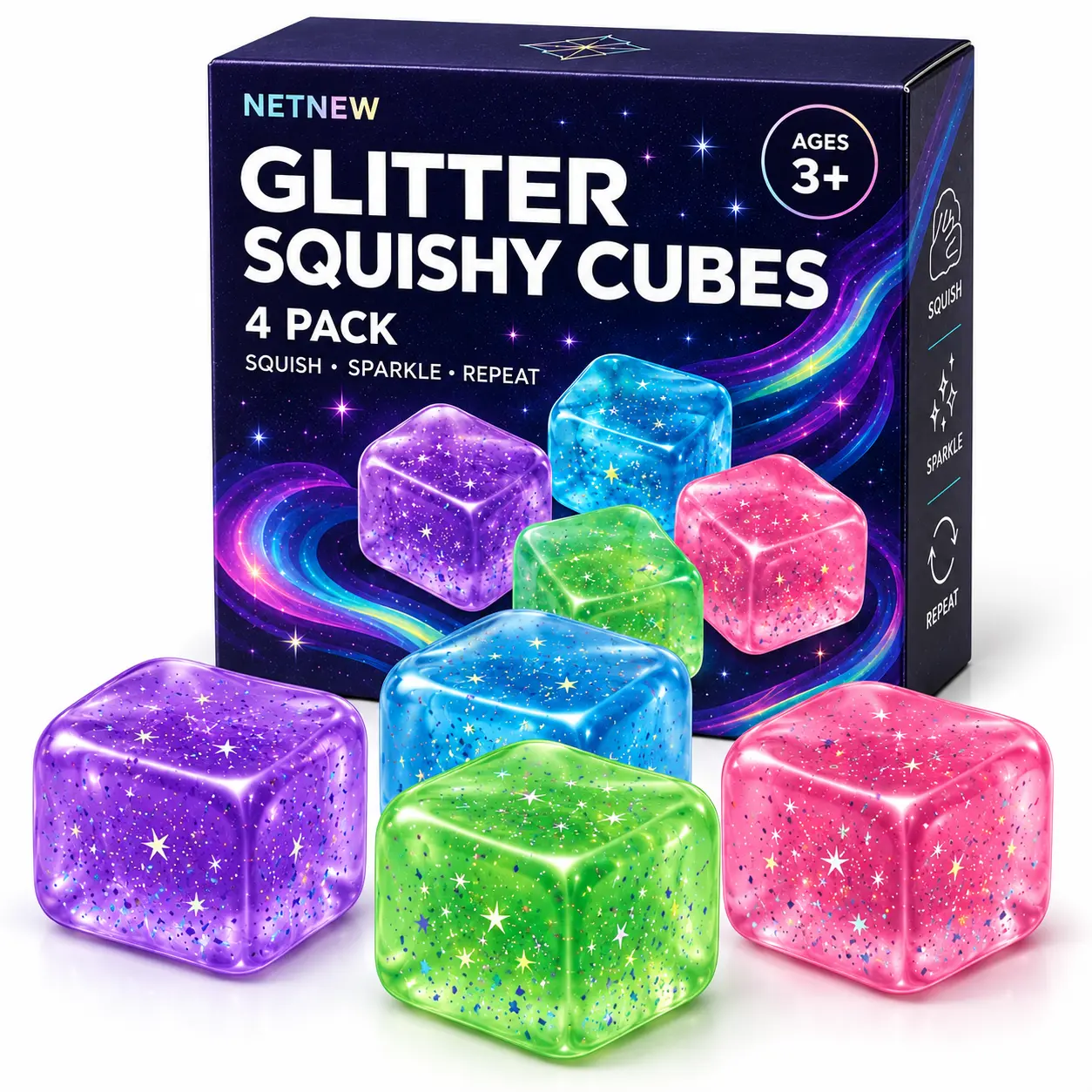 Glitter Squishy Cubes 4 Pack, Soft Squeeze Sensory Fidget Toys for Kids and Adults, Colorful Stress Cubes with Star Confetti, Desk Toys and Gift Set