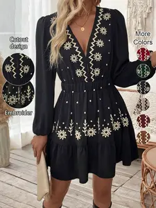 Women's Embroidered Deep V Neck Hollow Out Long Sleeve Dress, Bodycon A-Line Skirt, Perfect Spring Summer Choice