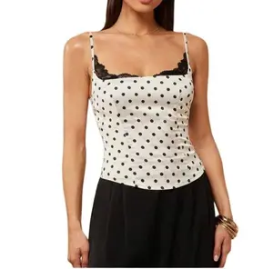 Elegant Polka Dot Lace-Trimmed Corset Camisole for Women, Slim Fitted Strap Top with Contrast Color Design, Trendy Casual Style for Spring Summer, Suitable for Shopping, Travel and Small Parties
