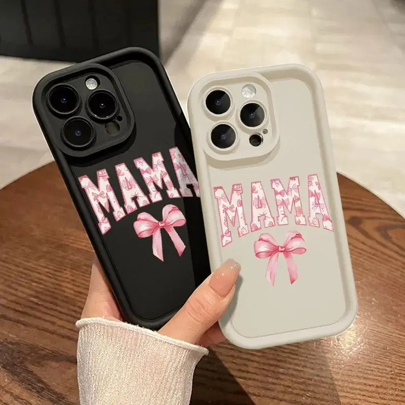 MAMA Letter Bowknot Pattern TPU Smartphone Casing for iPhone 11-17, Pro, Max, XR, XS, Air, Plus - Shockproof, Full Camera Protector, Durable Slim Silicone Cover for Mobile Devices