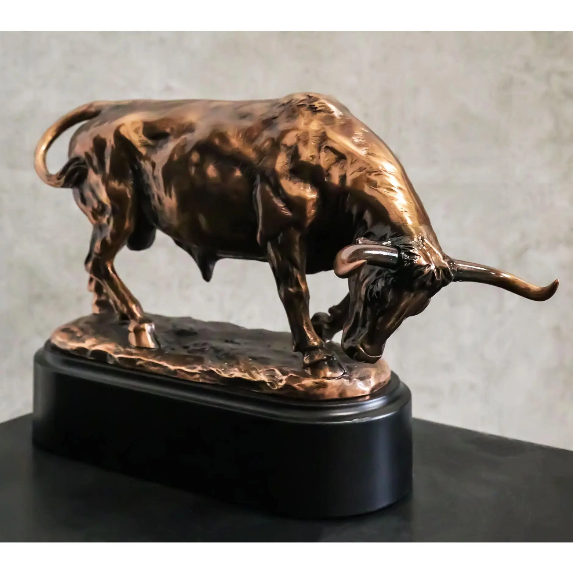 Wall Street Charging Bull Figurine - Electroplating Shine Enhancing Bronze Resin, 9in Long, 3in Wide, 4.5in Tall, 2.25in Deep Pedestal Statue, Home Decoration for Investment Portfolio Managers