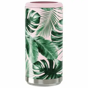 Tropical Palm Print - Slim Can Cooler - Stainless Steel Skinny Can Cooler for Slim Beer & Hard Seltzer | Stainless Steel - 12oz Sleeve, Double Wall Vacuum Insulated Drink Holder