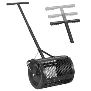 Compost Spreader and Peat Moss Spreader, 16.5-Inch Wide Spreading Tool with T-Shaped Handle, Three Height Adjustments, Powder-Coated Steel Garden Roller for Efficient Planting and Seeding, Heavy-Duty Grass Seed Spreader, Black