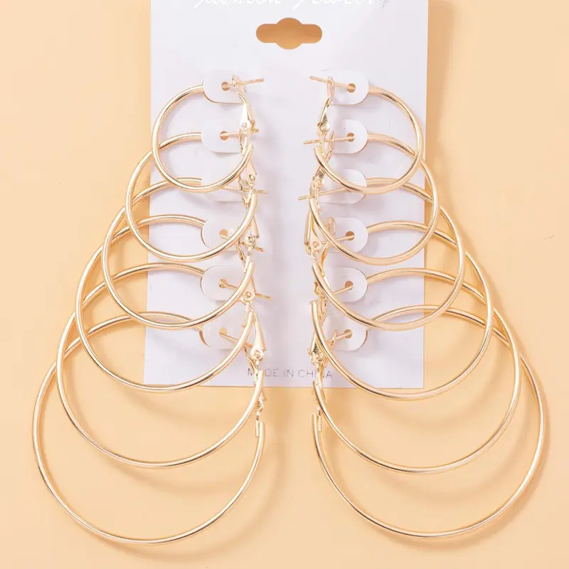 6 Pairs Round Shaped Multiple Size Hoop Earrings, Earring Set, 2024 New Stylish Earrings for Women, Daily Wear Ear Piercing Jewelry, Classic Fashion Accessories for Daily Wear