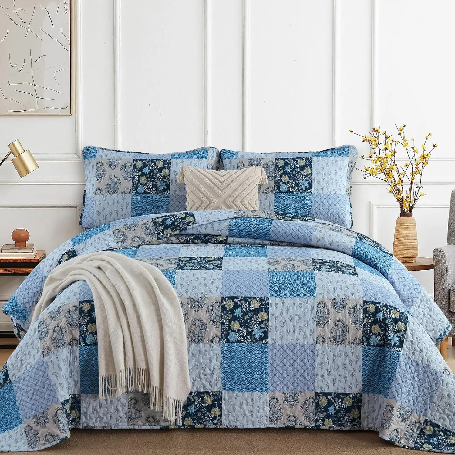 Blue Set King Size 3 Pieces Floral Boho Bedspread Coverlet Set Patchwork Pattern Reversible Bedding Set Soft Microfiber Bedspread Set King for All Season(King,104"X90")