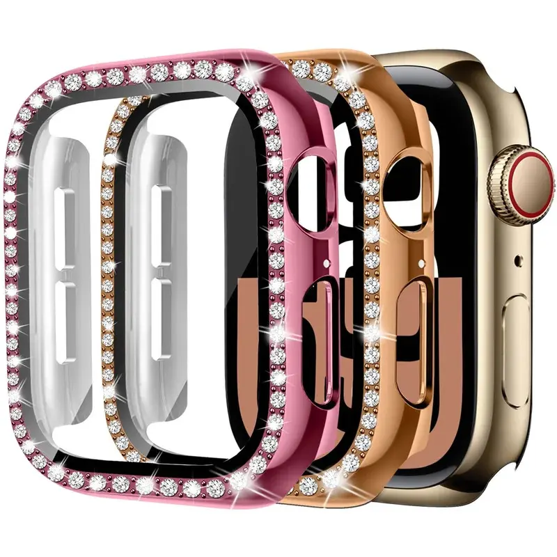 Diamond Case For Apple watch series 10 9 8 7 6 5 4 se 46mm 42mm 44mm-40-41-45mm Glass+Bling Bumper Screen Protector Smart Watch Accessories Wearable Tech Accessories