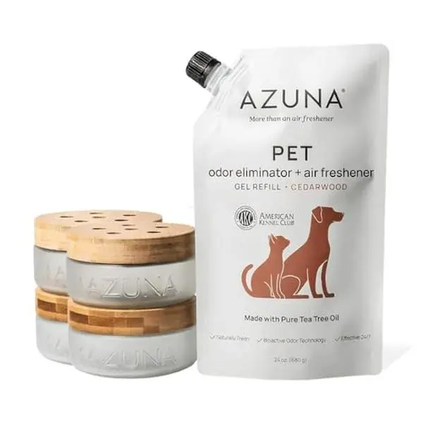 Azuna Pet Odor Eliminator 4 Room Kit  Plant Powered Gel Refill for Dogs Cats, Cedarwood Scent