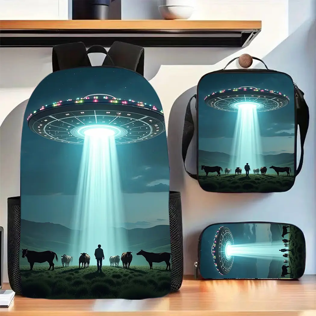 Three-piece alien UFO-themed unisex backpack set, including a school bag, pencil case, and crossbody bag. Cool handle print, large-capacity laptop backpack, suitable for daily commuting, and a great gift for friends and family