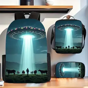 Three-piece alien UFO-themed unisex backpack set, including a school bag, pencil case, and crossbody bag. Cool handle print, large-capacity laptop backpack, suitable for daily commuting, and a great gift for friends and family