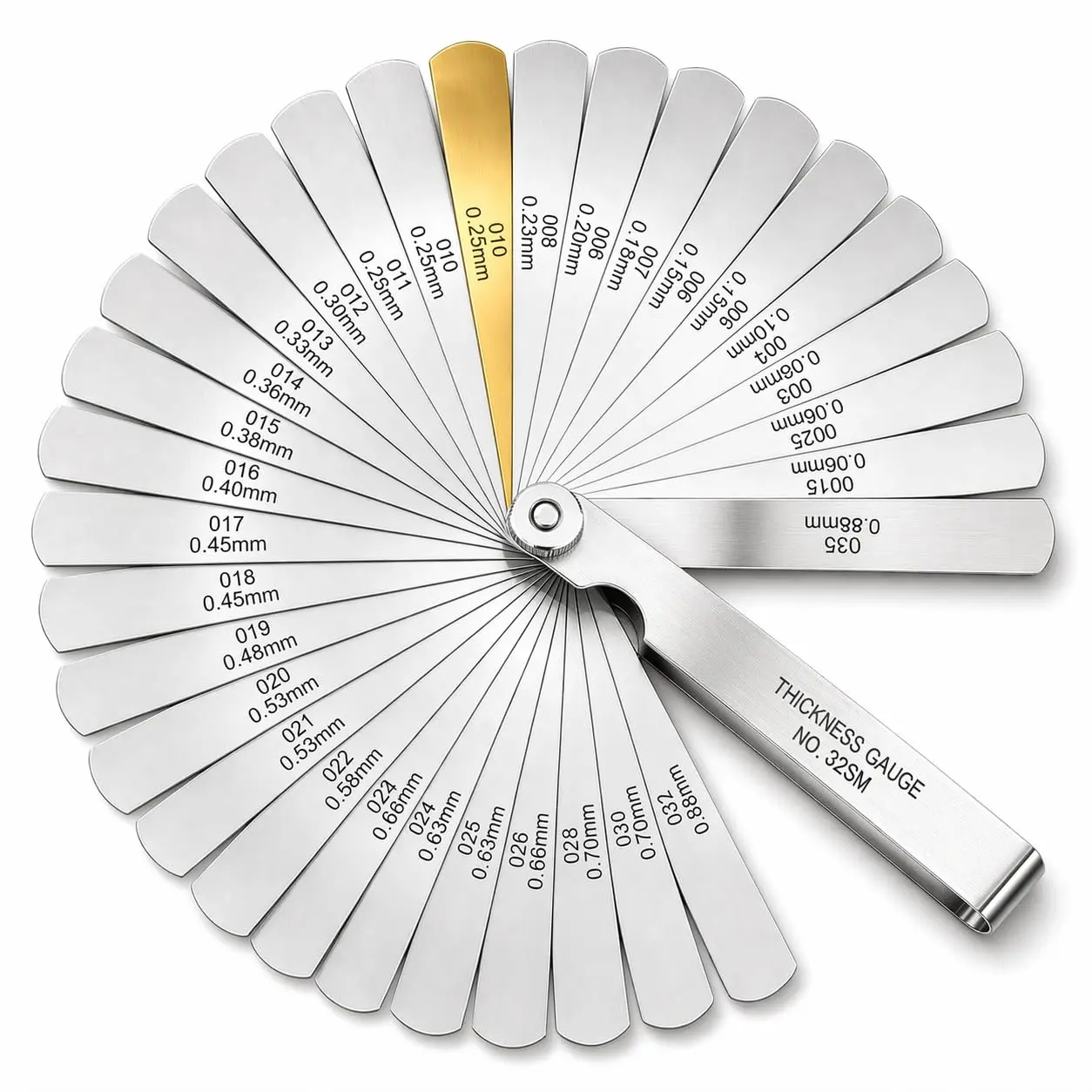 32-Count Durable Stainless Steel Straight Blade Feeler Gauge Set - 0.04-0.88 mm/0.0015-0.035 in Inches/MM, SAE/Metric Marked, Lube Oil Coating, for Spark Plugs, Guitar, Mechanical Automotive Valves