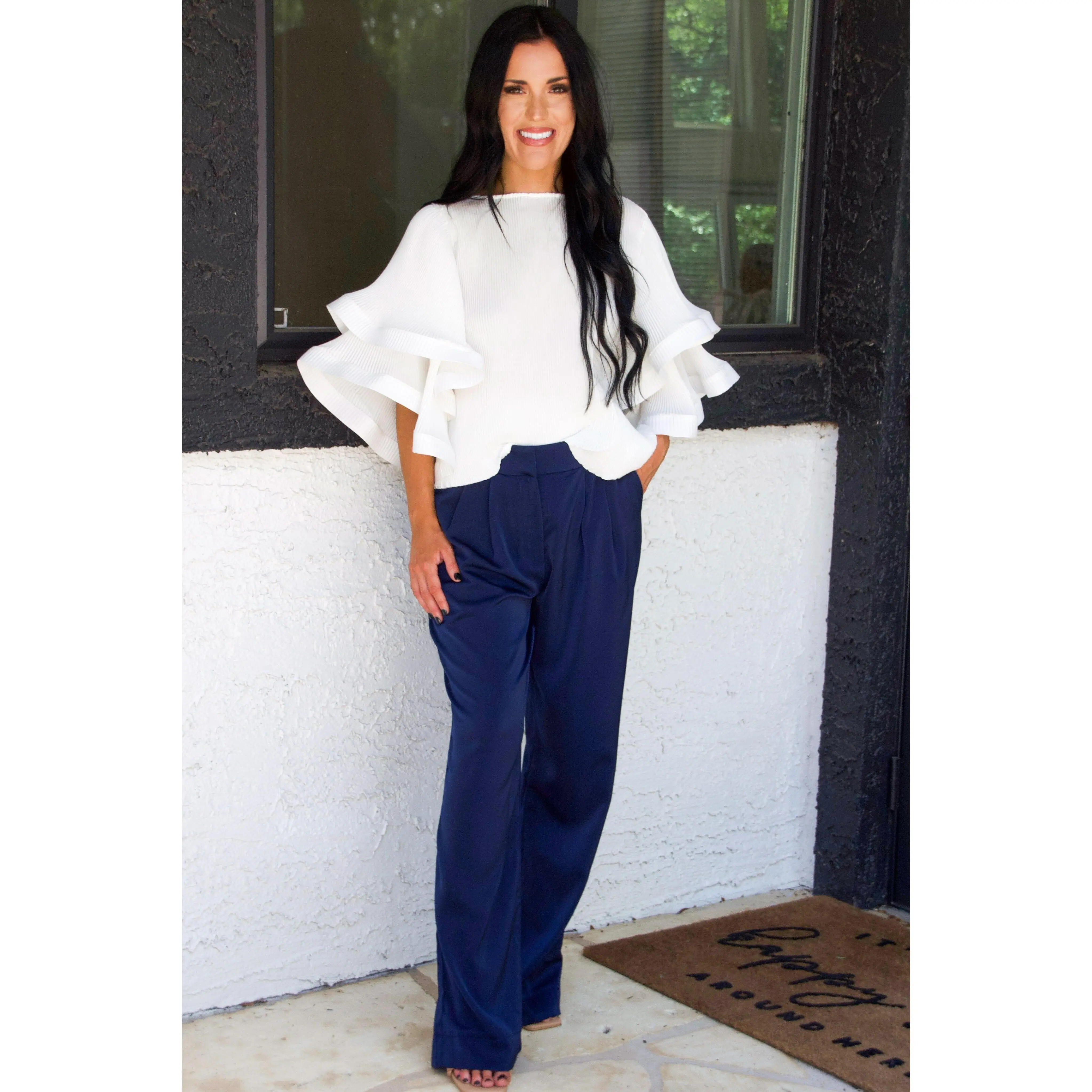 Jayden High Waisted Satin Pants: Navy