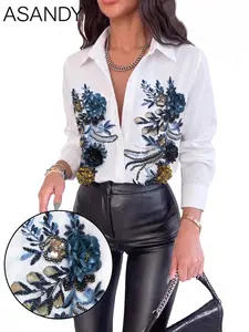 ASANDY Women's White Button-Down Shirt - Long-Sleeve Blouse with 3D Floral Sequin Embroidery, Elegant for Office & Parties
