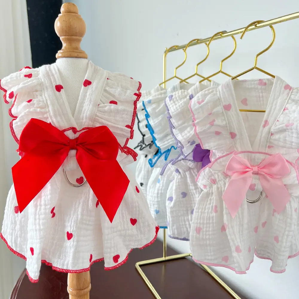 Pet Clothes Dog Cat Princess Dress Flying Sleeve sleeveless Cute Costume  Patten Breathable Bow With Leash Ring D00038 love celebration