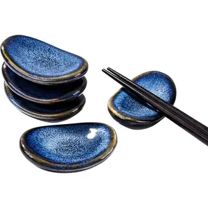 Ceramic Chopstick Rests Set of 5, Modern Blue Reactive Glaze Chopstick Holders, Artisanal Gradient Finish Spoon & Knife Rest, Dishwasher Safe