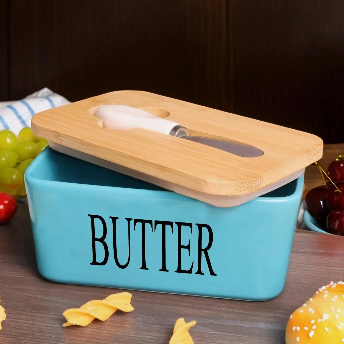 Thick Lead-Free Luxury Large Ceramic Butter Dish Set with Airtight Leak-Proof Silicone Seal, Lid, Utensil Knife, Easy-Clean Design - All Sizes Culinary Ceramic Storage Plate, Kitchen Countertop Keeper, Ideal Gift for Culinary Enthusiasts