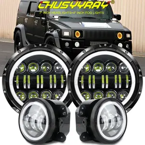 For Hummer H2 H3 H3T 2006 2007 2008 2009 2010 Truck Accessories	7" LED Headlights&4" Fog Lights Combo Halo Angel Eyes