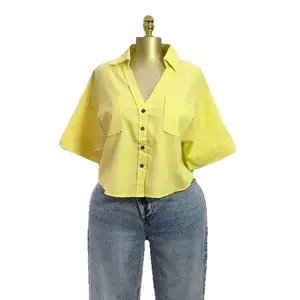 Spring Summer Clothes Women Solid Shirt Basic Short Tops Half Sleeves Turn Down V Neck Slight Strech Thin Slim Office Lady Casual 2026 Spring