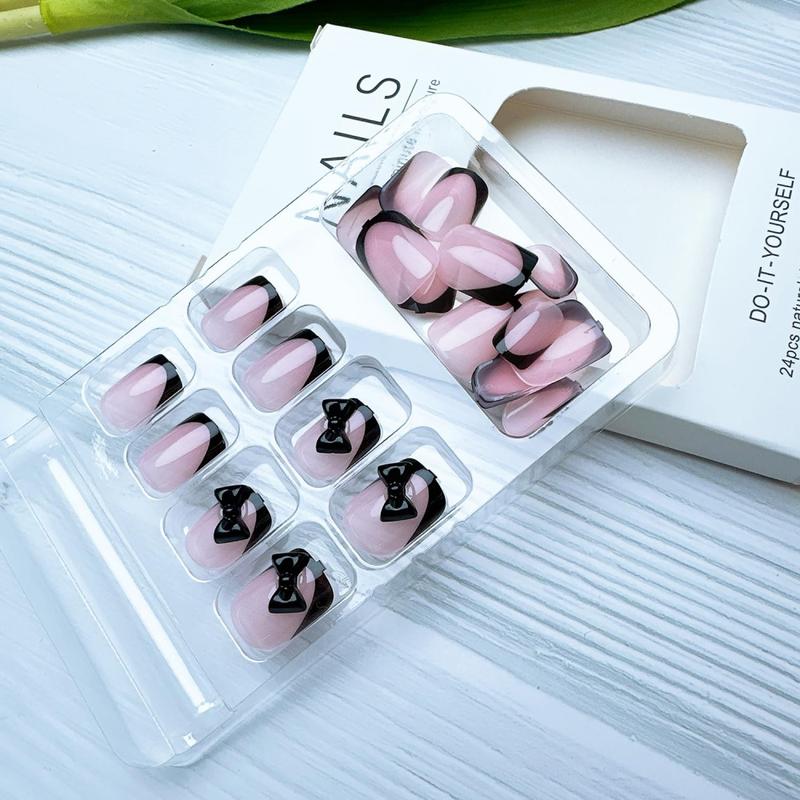 24Pcs Black French Tip Press on Nails Short Square Nail Tips Nude Fake Nails with 3D Bow Charms Stick on Nails Black False Nails French Acrylic Nails Cute Bows Glue on Nails for Women Nail Art Design