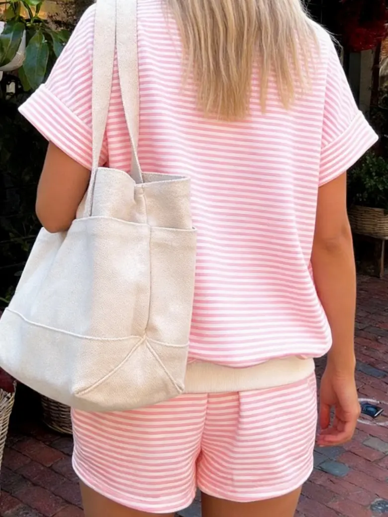 Short Sleeve Pink Mock Neck Set Clothes Womenswear