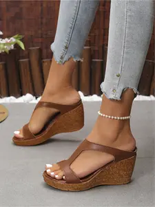 Women's Summer T-Strap Retro Wedges | Faux Wood Grain Platform Heels, 6-8cm Height Increasing, Comfortable for Wide Feet