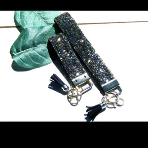Key Fob/Wristlet W/ Authentic Rhinestone Crystals with Tassel-Black Chrome- Large/Mini- Keys, Bags, Purse and More Ships Worldwide