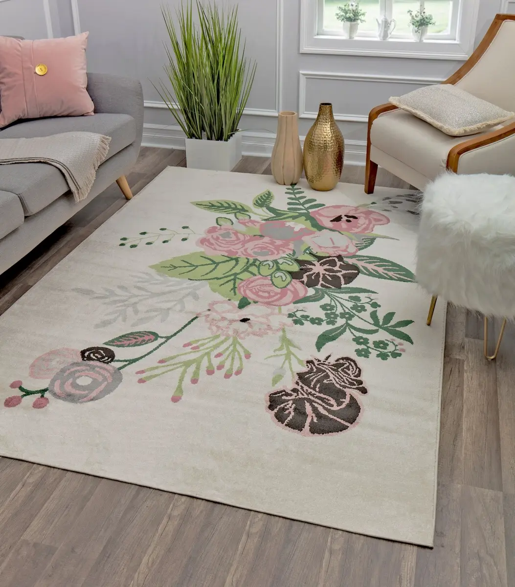 212 MAIN RA30514 9x12 ft. Indoor Area Rug - Hanna VA25B Charm Floral Flower Design, Spring Ivory Blush & Transitional Beige Home Decor Rugs, Machine-Made Polypropylene, Spot Clean, Living Room Mat, Flower Rug