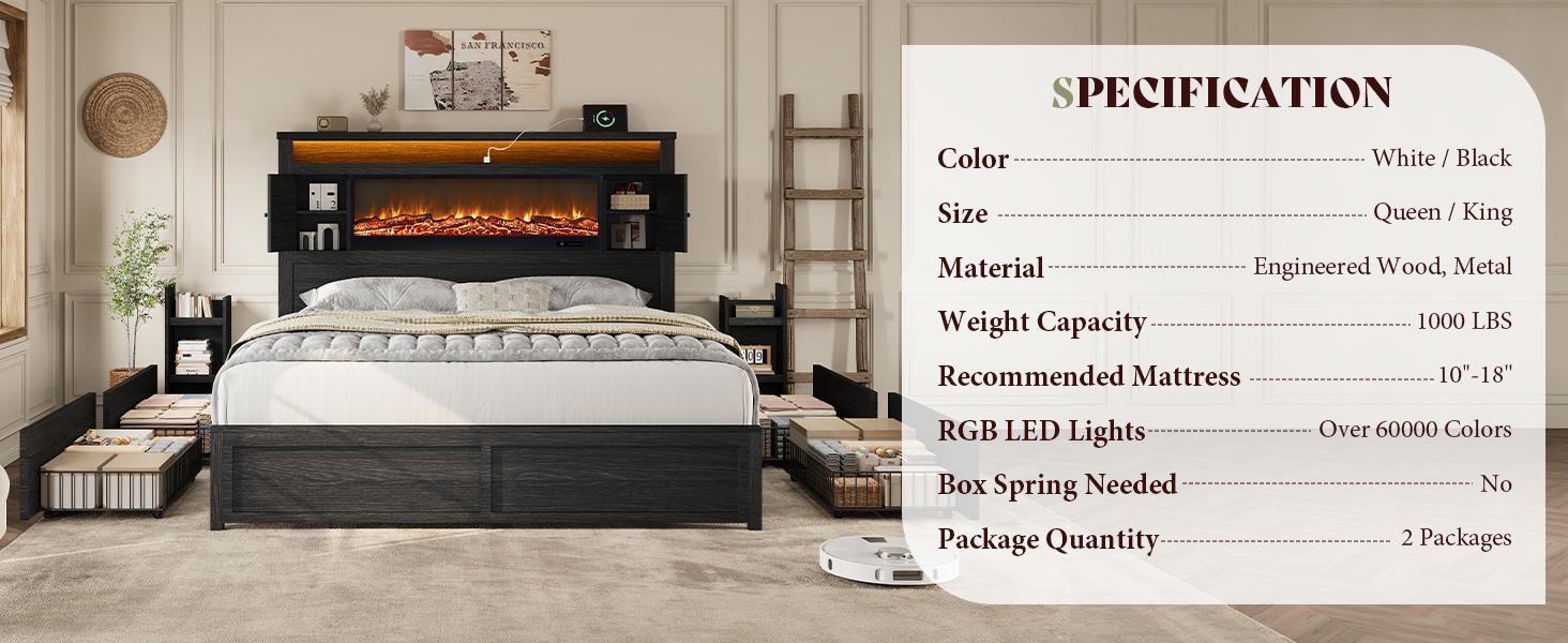 [Ships in 2 Boxes] VanAcc Bed Frame with Fireplace, Farmhouse Storage Platform Bed with 57" Headboard, Barn Door Cabinets, 4 Drawers & 2 Bedside Racks, RGB LED & Charging Station
