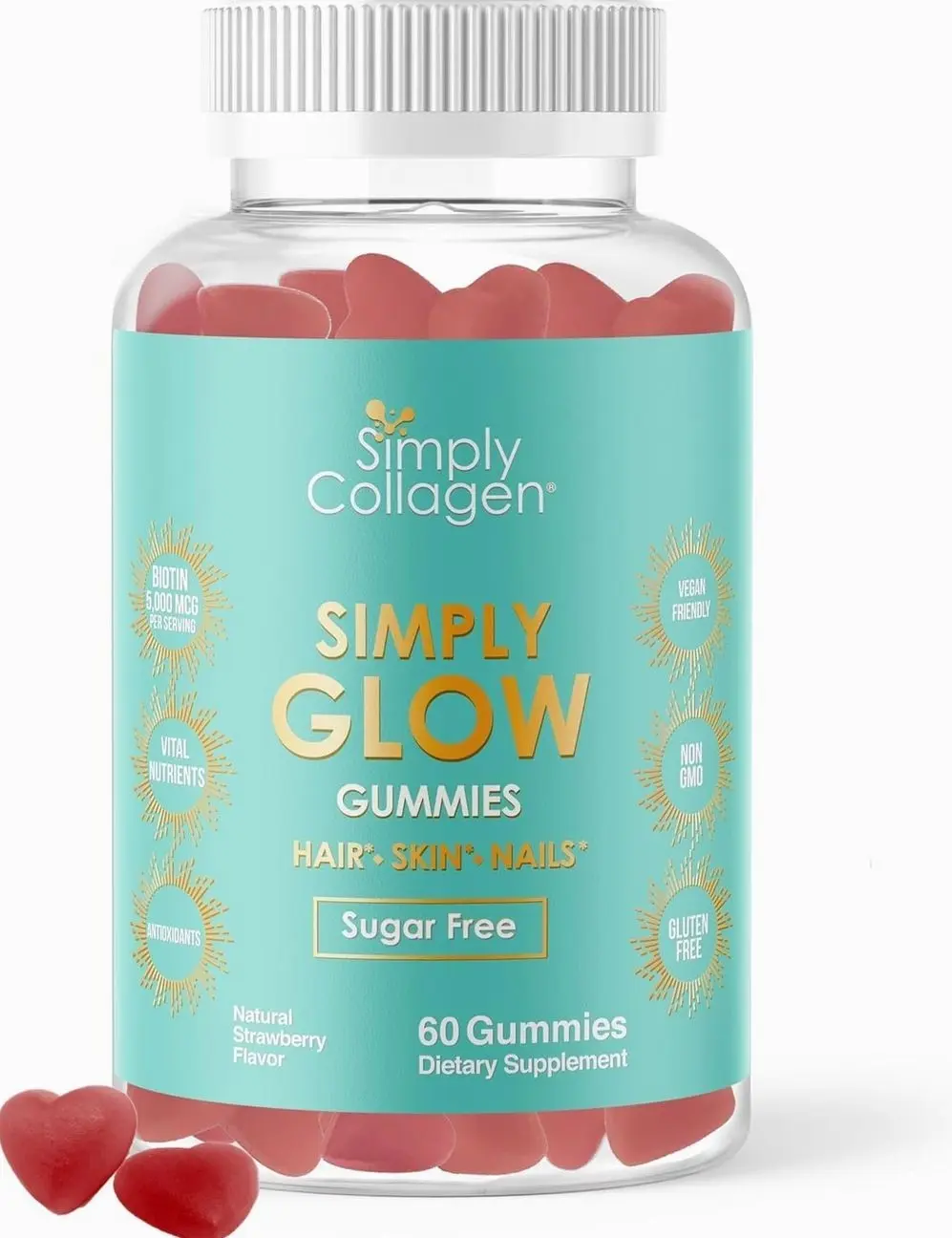 Simply Collagen® Simply Glow Hair, Skin & Nails Gummies – Vegan, Sugar-Free, Gluten-Free – Biotin 5000 mcg – Hair Gummies for Women & Men – 60 Count
