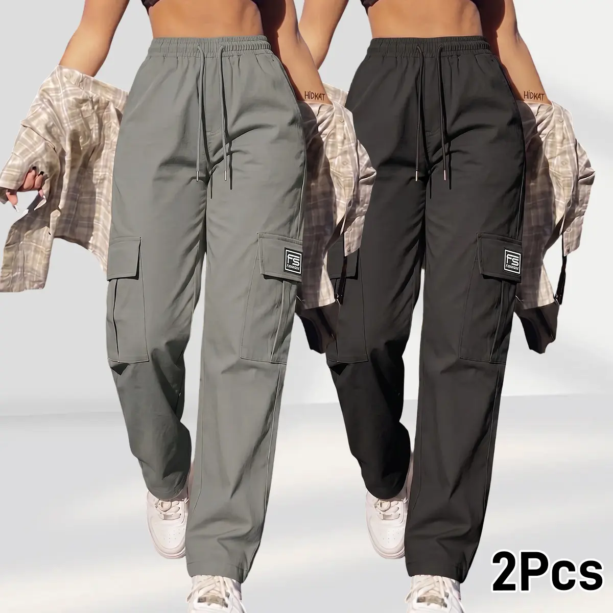 2PCS women’s casual cargo pants: loose, relaxed wide-leg harem pants with pockets for beachwear; vacation summer women’s clothing; quick-dry, lightweight hiking/travel/running comfort pants with pockets; summer style; women’s casual loose high-waisted wid