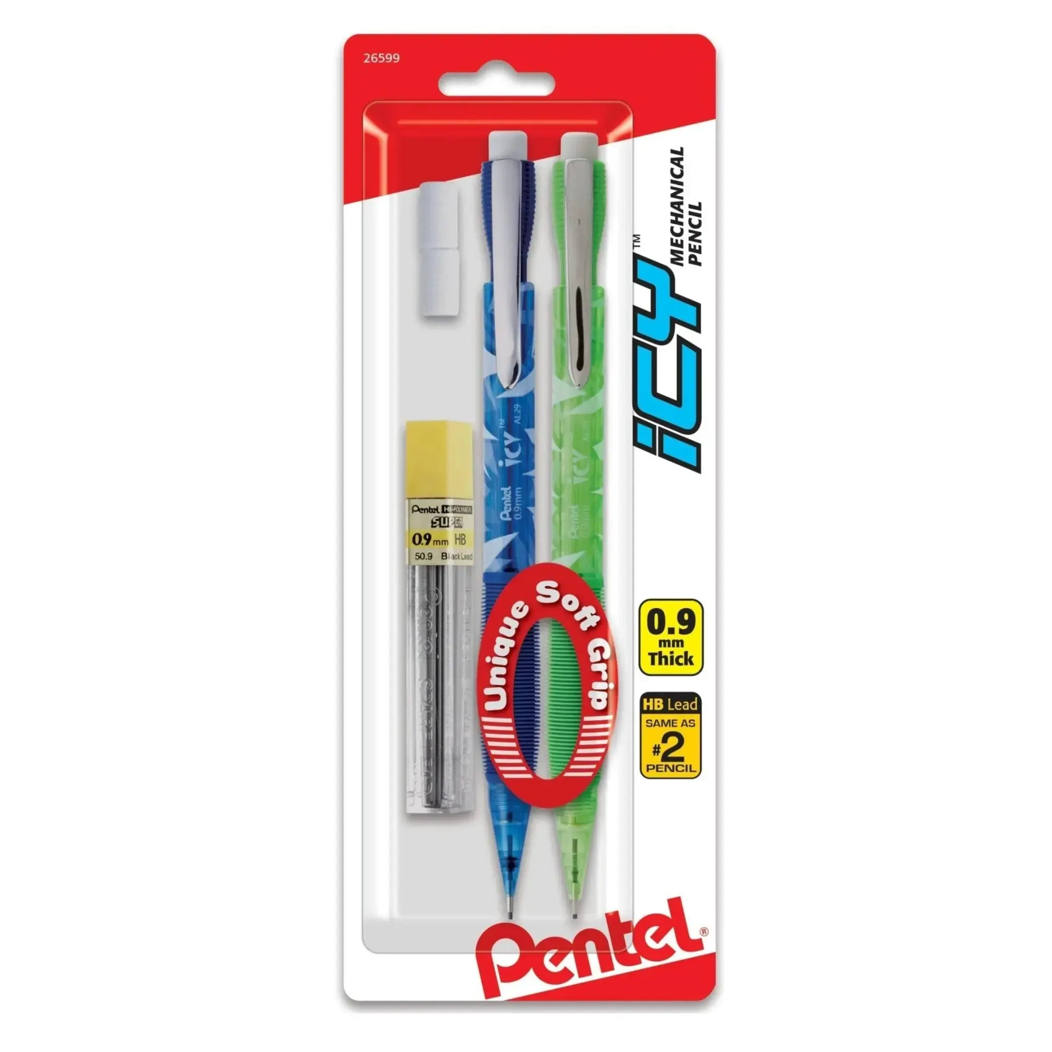 ICY Mechanical Pencil, 0.9mm, Assorted Barrels with Lead and 2 Eraser Refills 2-Pk