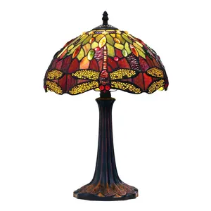 Red 18in Tiffany Style Stained Glass Traditional Dragonfly Table Lamp Nightstand