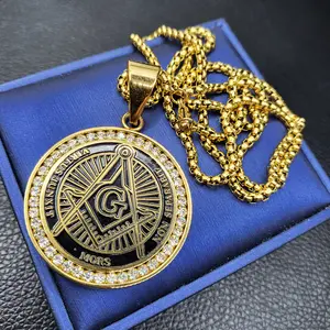 Stainless Steel Freemason Masonic CZ Pendant & 24" Rolo Chain Necklace Jewelry