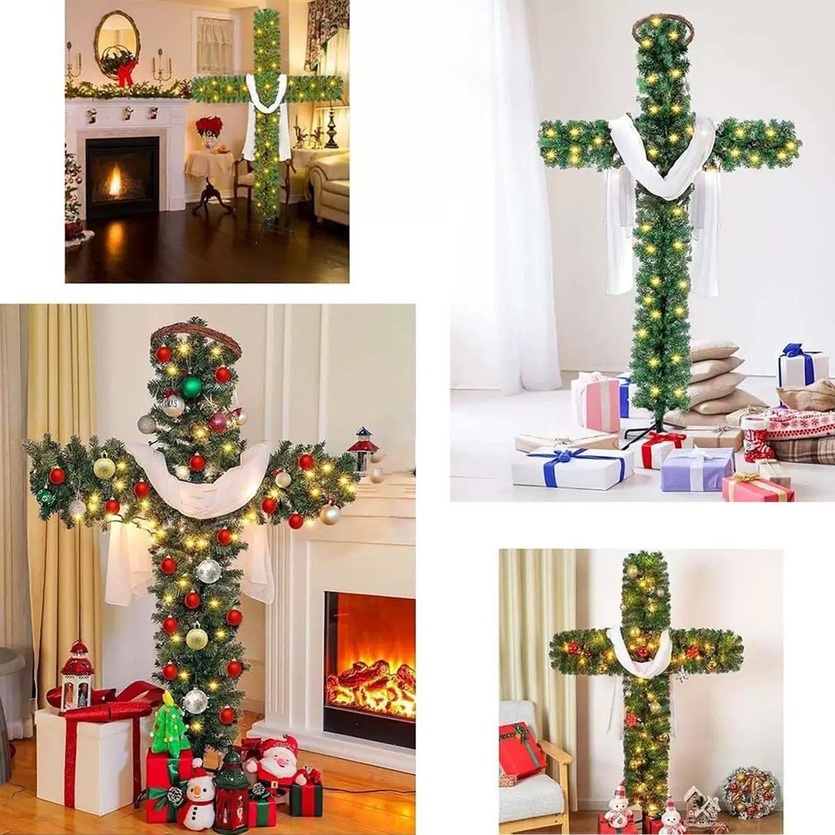 Christmas, Halloween, Easter. A green cross Christmas tree, suitable for halls, outdoor and indoor spaces, churches, chapels, and other holiday decorations.