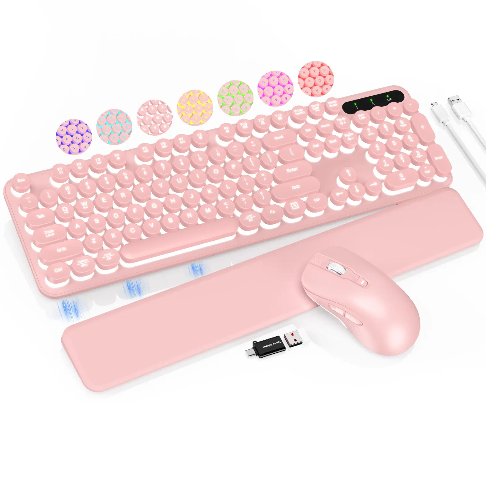SABLUTE CK23PRO Wireless Keyboard & RGB Wireless Mouse Set, 7-Color Backlight, Retro Round Keycaps, Detachable Wrist Rest, Rechargeable, 2.4GHz Connection, Dual-System Layout for Windows (Non-Bluetooth)