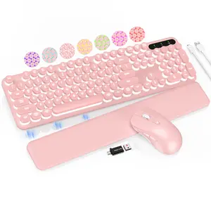 SABLUTE KL302 Wireless Keyboard & Mouse Set with 7-Color Backlight Retro Round Keycaps Detachable Wrist Rest Rechargeable 2.4GHz Connection Dual-System Layout for Windows(non-bluetooth)
