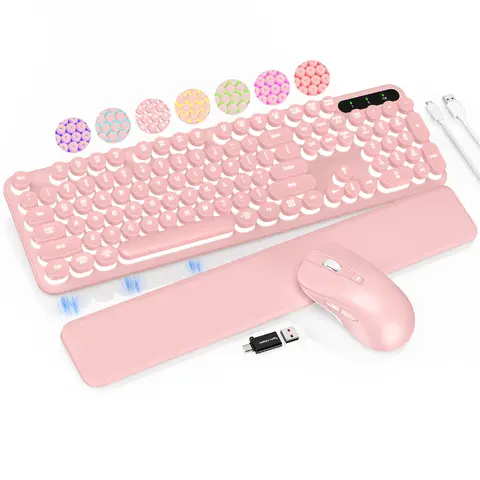SABLUTE CK23PRO Unisex 2.4GHz Non-Bluetooth Keyboard and Mouse Combo, 7-Color RGB Backlight, Retro Round Keycaps, Detachable Wrist Rest, Battery-Powered Built-In Rechargeable Cells, Windows Layout, Ergonomic Keyboard Pad, RGB Wireless Mouse