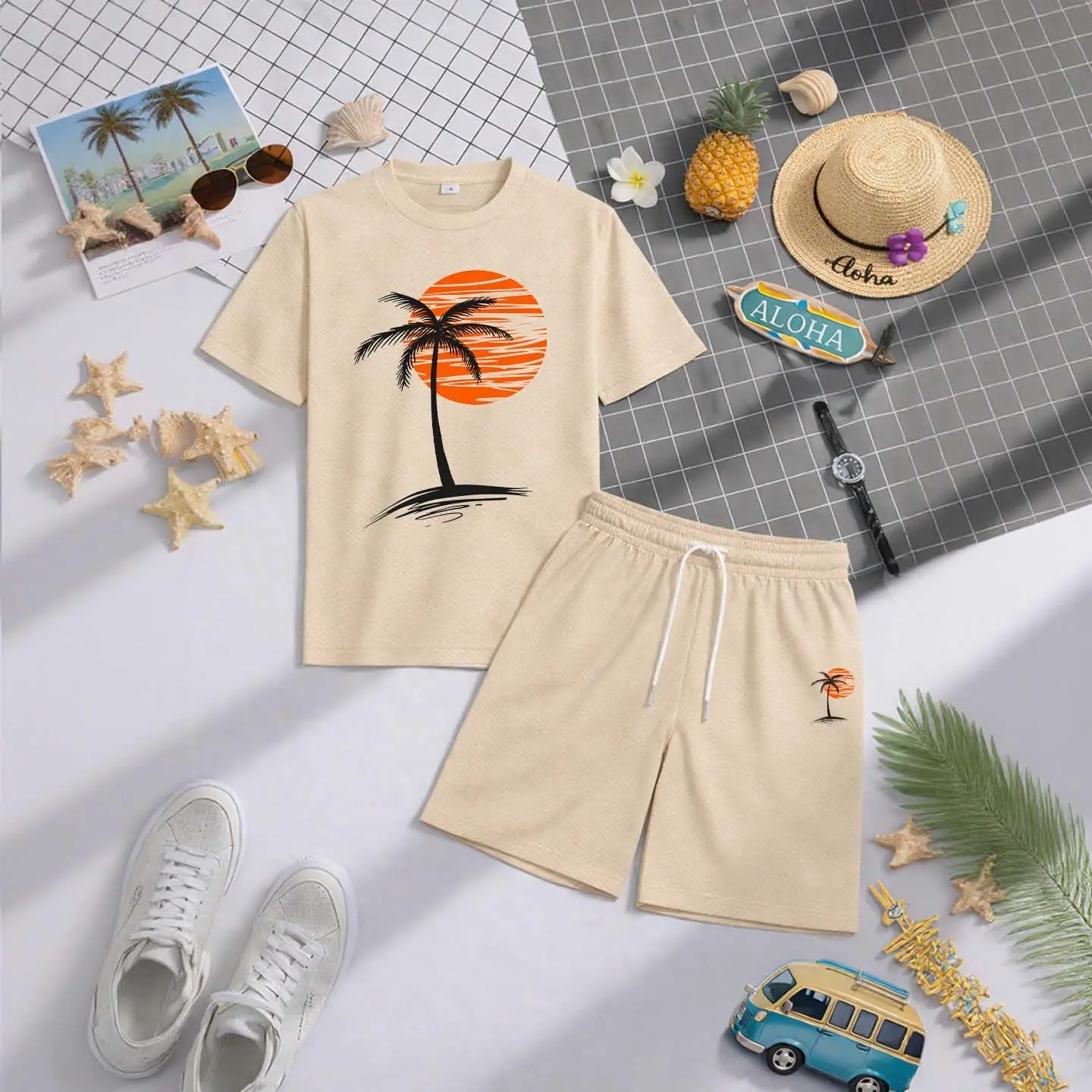 Men's Hawaiian Coconut Tree Beach Short-Sleeved T-Shirt And Drawstring Shorts Set, Men's Clothing, Summer Casual Sports Short-Sleeved Top And Shorts, Men's Everyday Wear, Sportswear Set, Casual Summer Clothing.