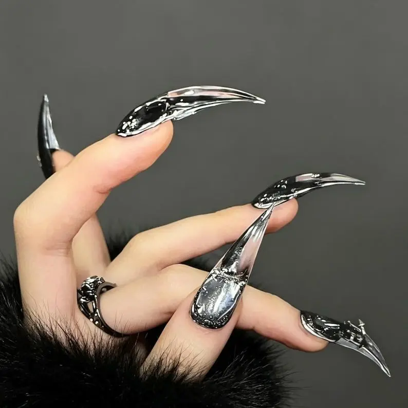 Black Liquid Silver Dragon Claw Stiletto Nails, Gothic Grunge Press On Set Nail Art Kit Nail Box sohochic