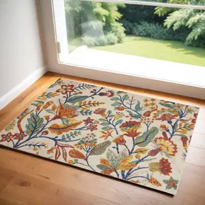 212 MAIN 552753 4x6 ft. Low Pile Floral Power-Loom Rectangle Area Rug, Orange & Ivory, Living Room Decor, Indoor Use