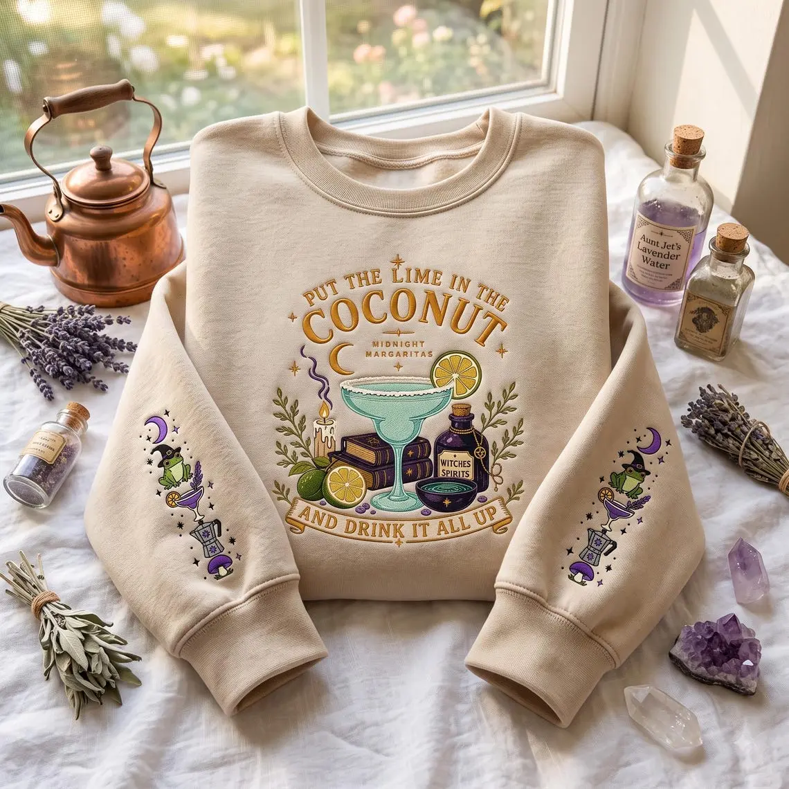 Embroidered Midnight Margaritas Sweatshirt, Practical Magic Shirt, Witchy Cottagecore Aesthetic Crewneck, Spooky Season Halloween Gift