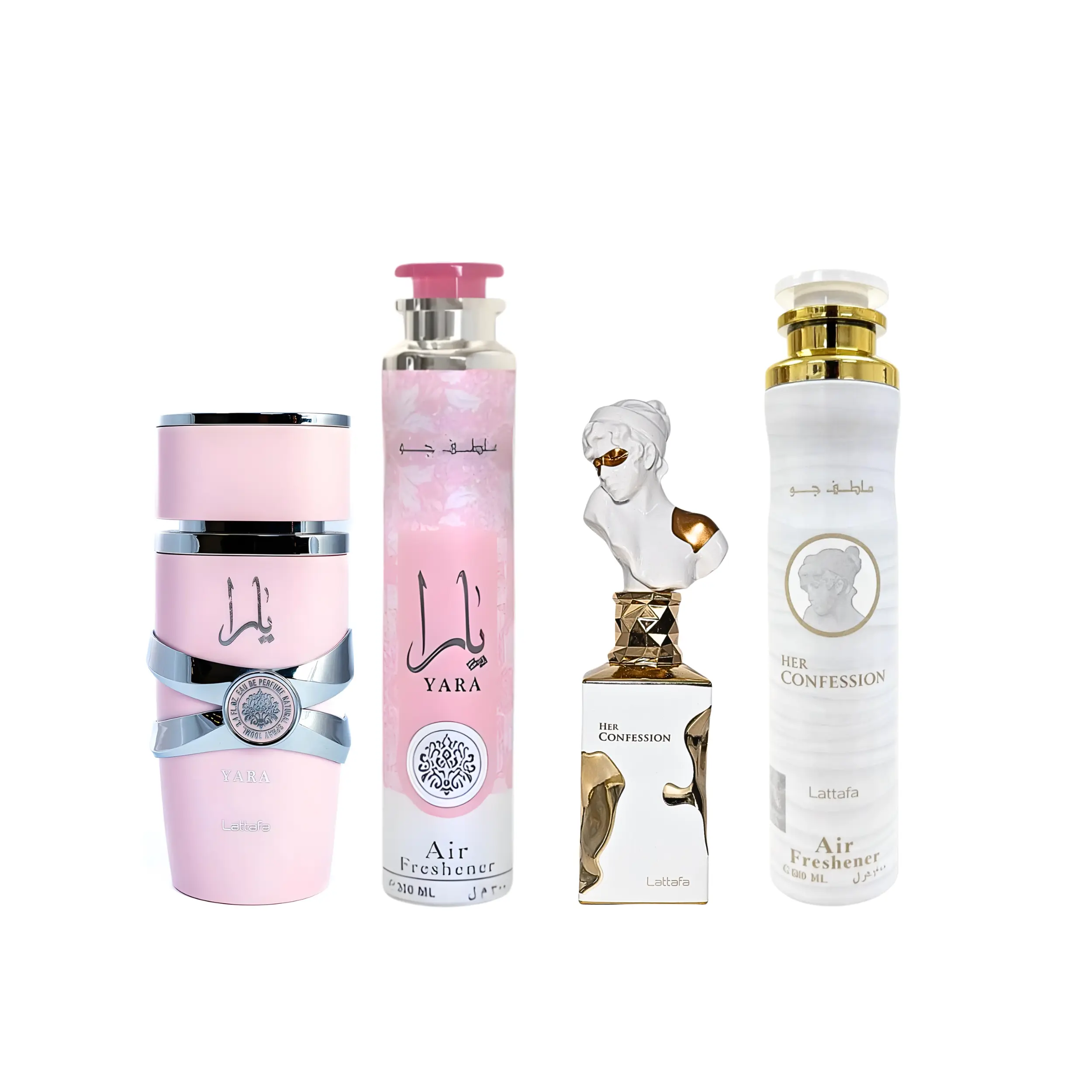 Lattafa 4-Piece Arabian Fragrance Gift Set for Women - Yara & Her Confession Eau de Parfum (3.4 oz) & Air Fresheners (10 oz) - Gourmand & Spicy Floral Scents, Women's Fragrance, Aroma Scented Floral, Arabic Perfume Women