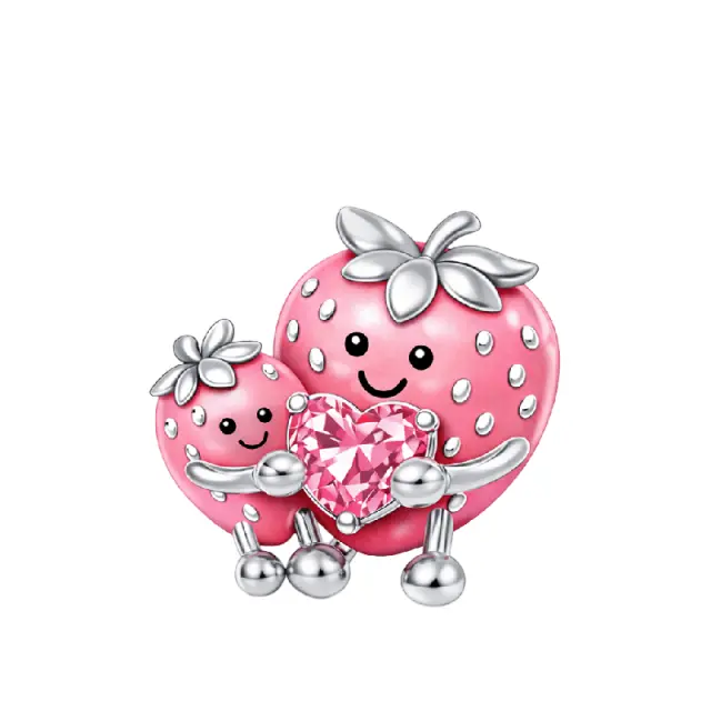 GNOCE 925 Sterling Silver Playful Charm for Mother, Female Strawberry Mom and Baby Design with Custom Heart-Shaped Birthstone, Enamel Finish, Fits All Major Brands, Daily