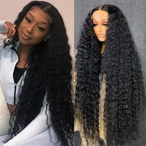 32 Inch Black Long Curly Lace Frontal Wig 180 Density Deep Wave Synthetic Hair - Glueless Front, Pre-Plucked, Heat Resistant Fibers with 13x4 Lace Wigs for women Daily Use