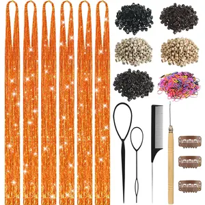 Vibrant Orange Color Hair Tinsel Kit for Girls Fairy Tinsel Hair Extensions Holographic Hair Tinsel Heat Resistant Colored Hair Glitter Christmas Party Festival