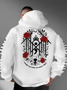 Men's Hooded Gothic Street Style Thorns Totem Sweatshirt, Rose Skull Broken Print, Casual Fitted Warm Fall Winter Gift