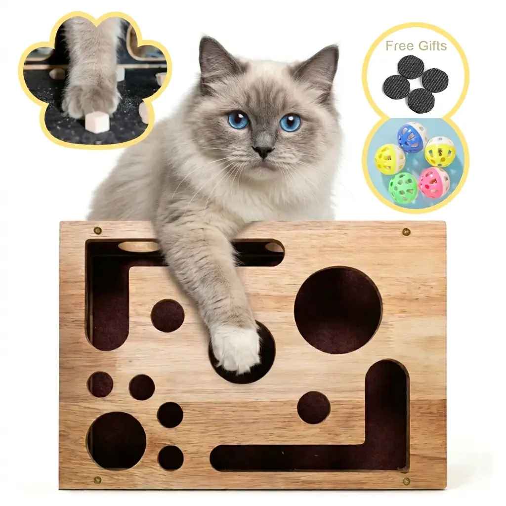 Stress-Free Cat Nail File Box Crafted From 100% Real Oak Wood, Interactive Enrichment Toy & Natural Scratching Post Alternative for Aggressive Cats, Safe for All Ages