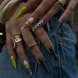Edgy Neon Handmade Press On Nails - Lime Green with Polka Dot Black Grid, Trendy Metallic Art for High Fashion Nail Care