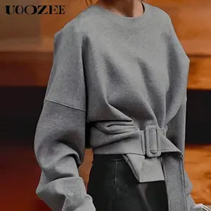 UOOZEE Women's Basic Long-Sleeves Crew Neck Solid Color Hoodie Top, Cotton-Polyester Blend, Loose Baggy Fit with Belt Buckle, Minimalist Casual Comfortable Designer Style (Note: Runs Large; Recommend Ordering 1 Size Down)
